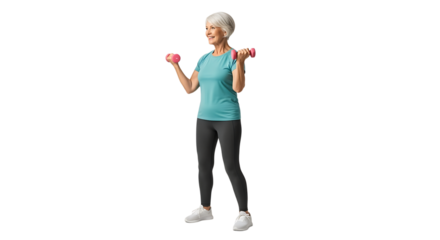A smiling, mature woman in workout clothes lifts dumbbells. She is exercising and enjoying healthy, active lifestyle.
