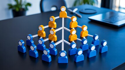 Colorful wooden figures arranged in pyramid structure representing organization hierarchy and teamwork