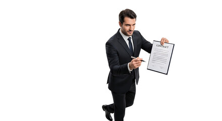 Handsome businessman presents a contract in a modern setting, urging consideration before signing on the dotted line.