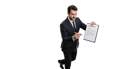 Handsome businessman presents a contract in a modern setting, urging consideration before signing on the dotted line.