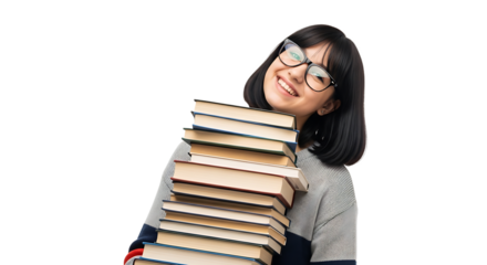 A young woman with glasses grins while holding a huge pile of books, excited to learn and absorb all the knowledge.