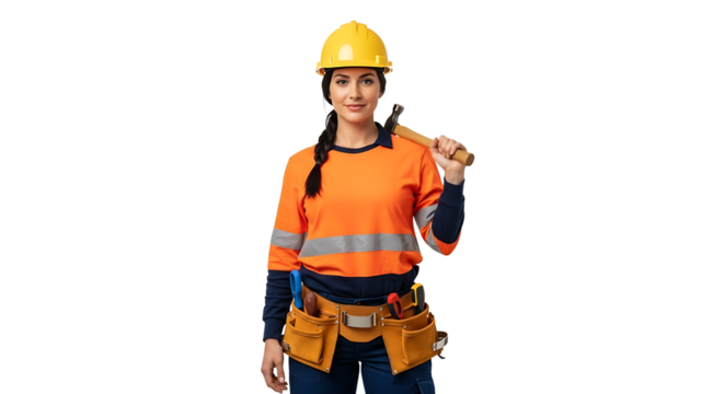A skilled woman with a hammer showcases construction expertise and strength in her vibrant safety attire, ensuring job site safety.