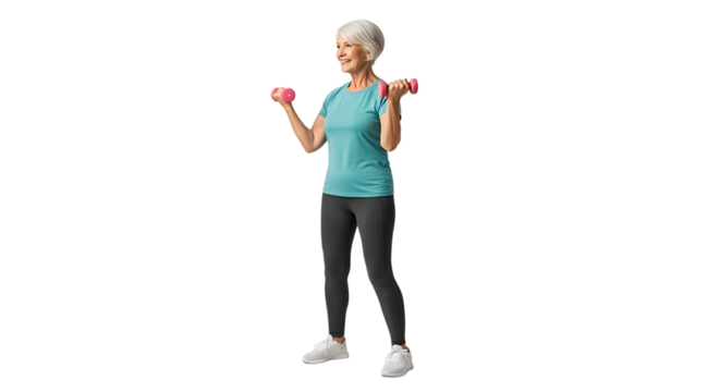 A smiling, mature woman in workout clothes lifts dumbbells. She is exercising and enjoying healthy, active lifestyle.