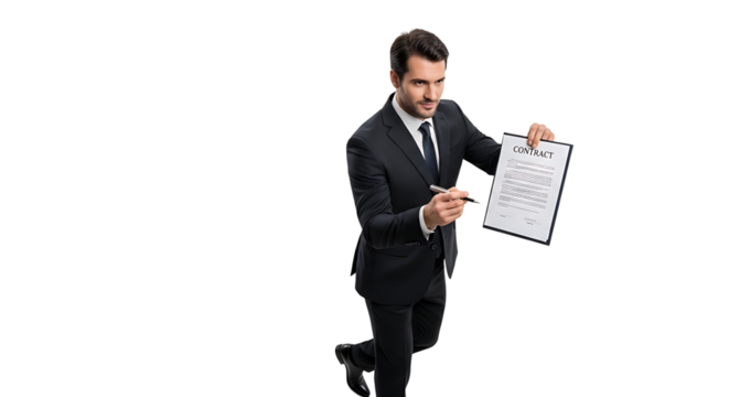 Handsome businessman presents a contract in a modern setting, urging consideration before signing on the dotted line.