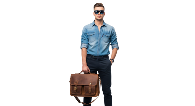 Stylish man in blue shirt, dark pants, and sunglasses with a brown leather briefcase for a classic, professional look. 