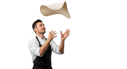 A professional chef, wearing a uniform, playfully tossing dough in the air with a bright expression on his face.
