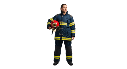 A female firefighter in uniform stands confidently holding her helmet, symbolizing readiness and dedication. Strong presence.