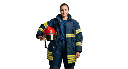 An accomplished female firefighter stands in her uniform, holding her helmet, ready to bravely combat emergencies.
