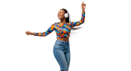 A vibrant woman moves to music with joy. Headphones amplify her experience as she embraces the rhythm and feels the groove.