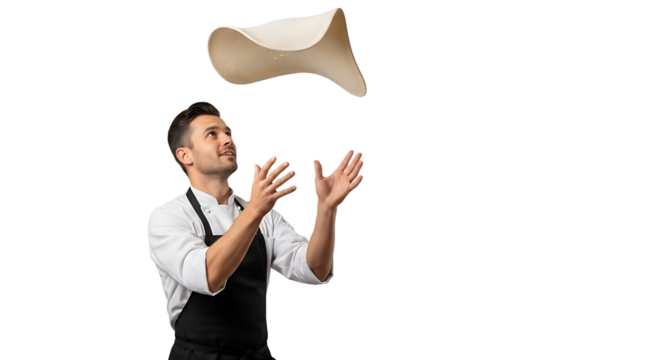 A professional chef, wearing a uniform, playfully tossing dough in the air with a bright expression on his face.