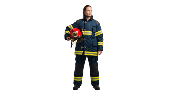 A female firefighter in uniform stands confidently holding her helmet, symbolizing readiness and dedication. Strong presence. - Powered by Adobe