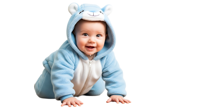 Adorable baby crawling, dressed in a soft blue animal onesie, radiating joy and wonder with bright eyes and happy smile.