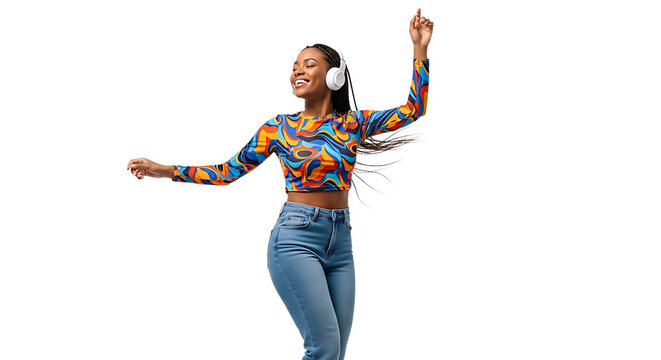 A vibrant woman moves to music with joy. Headphones amplify her experience as she embraces the rhythm and feels the groove.