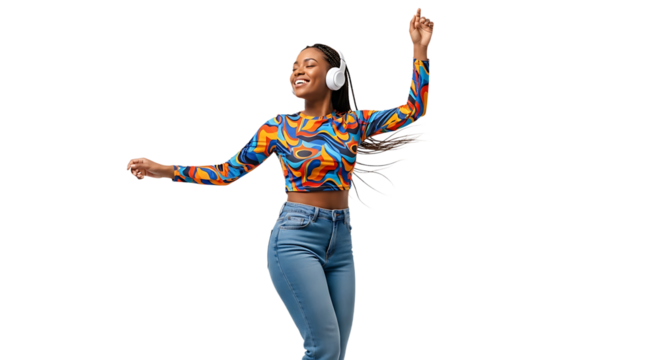 A vibrant woman moves to music with joy. Headphones amplify her experience as she embraces the rhythm and feels the groove.