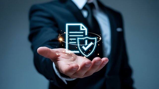 Businessman holding digital document with shield icon symbolizing data security and online protection
- Powered by Adobe