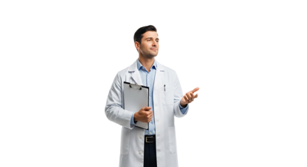 Friendly doctor in lab coat holds a clipboard while gesturing to the side with his hand as if giving directions.