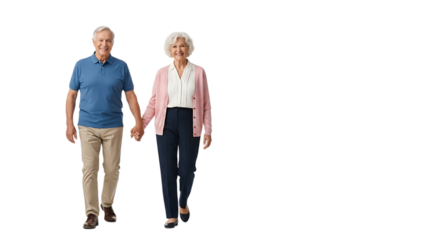 A smiling elderly couple walk hand-in-hand towards the camera, happy and content after years of marriage and commitment.