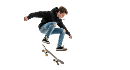 Teen skateboarder in mid-air, captured in a dynamic pose, wearing a hoodie and ripped jeans performing an ollie trick.