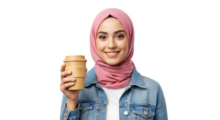 A friendly woman, wearing a pink hijab and denim jacket, smiles while holding a bamboo coffee cup. Sustainable living.