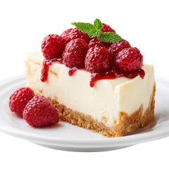 isolated on a transparent background - Real photo of a delicious slice of cheesecake with fresh raspberries on top, placed neatly on a white plate, isolated on a pure white background (3)