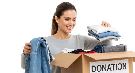 Smiling woman sorts clothes for donation, reflecting community support and charitable giving through textile reuse.