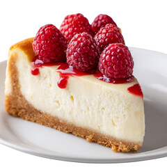 isolated on a transparent background - Real photo of a delicious slice of cheesecake with fresh raspberries on top, placed neatly on a white plate, isolated on a pure white background (2)