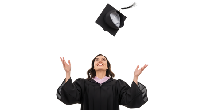 A radiant graduate celebrates her academic success by tossing her mortarboard against an isolated black background.