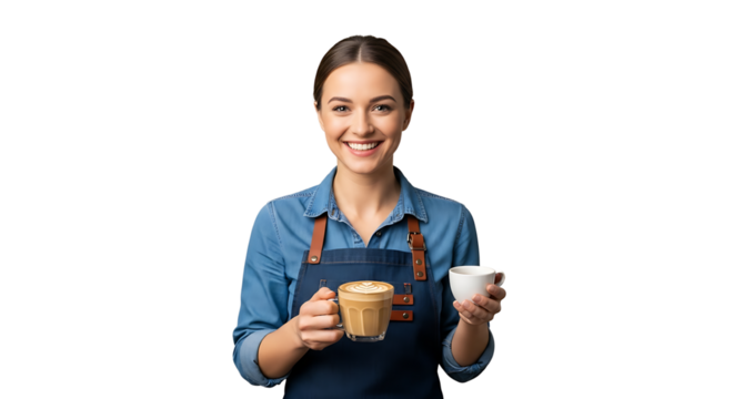A smiling barista is holding a cappuccino and a cup of milk, ready to delight customers with the beverage.
