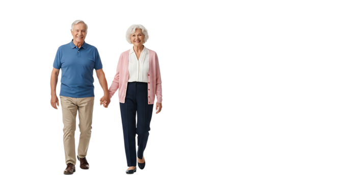 A smiling elderly couple walk hand-in-hand towards the camera, happy and content after years of marriage and commitment.