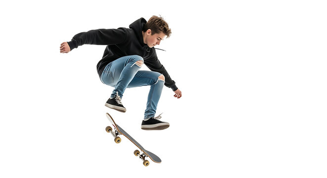 Teen skateboarder in mid-air, captured in a dynamic pose, wearing a hoodie and ripped jeans performing an ollie trick.