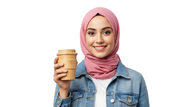 A friendly woman, wearing a pink hijab and denim jacket, smiles while holding a bamboo coffee cup. Sustainable living.
