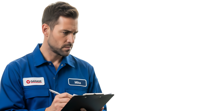 Focused mechanic in blue uniform reviews checklist, showing concentration and professionalism in the garage setting. - Powered by Adobe