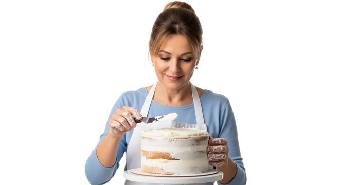 A woman is seen carefully decorating a cake. She adds frosting with a knife, smiling with joy, adding a personal touch.