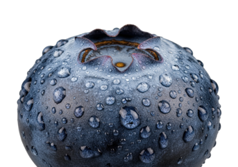 Close up macro shot of a ripe blueberry isolated on a plain background showing detail 