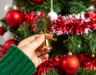 Close-up of hand holding bell ornament on a decorated tree indoors.