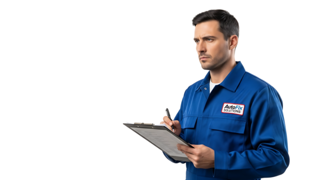 Focused repairman in blue workwear, documents on clipboard, pen in hand, planning work with thoughtful expression.