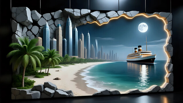 Night view of modern city skyline with palm trees and ocean I Wall Decor