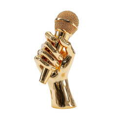 Shiny gold hand sculpture grasping a microphone award, elegant design, white background
