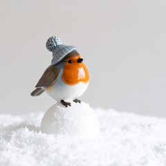 Robin with a knitted hat on a snowball against a clean backdrop.