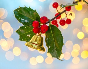 Golden bell with holly berries against a bright bokeh background.