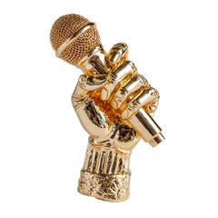  Shiny gold hand sculpture grasping a microphone award, elegant design, white background (3)