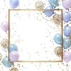  Shiny empty gold frame decorated with floating balloons and bright confetti, isolated on a white background (3)