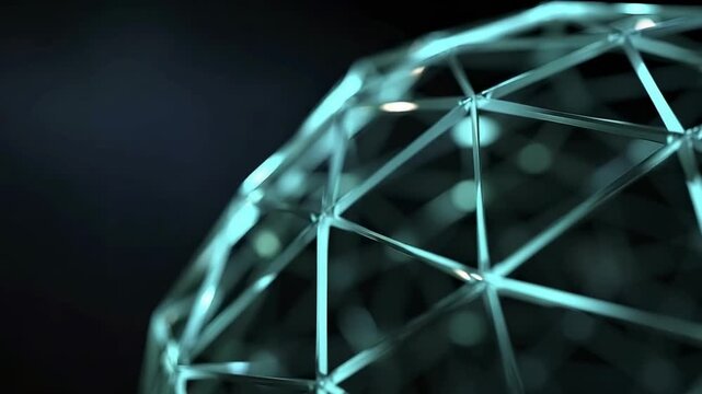 A vibrant glowing blue-green geometric wireframe structure fills the frame with sharp angles and interconnected lines Out-of-focus lights blur in the dark background