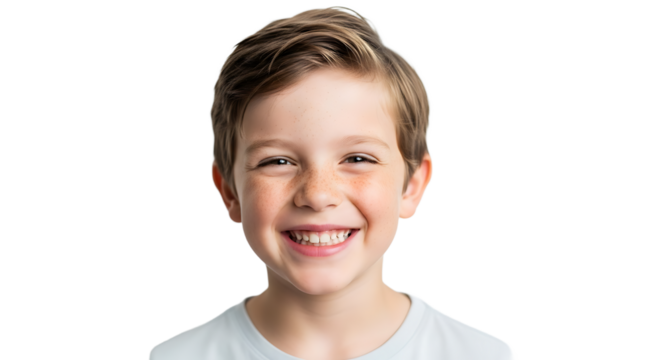 Portrait of a joyous young boy with captivating brown eyes and light brown hair, wearing a bright smile.