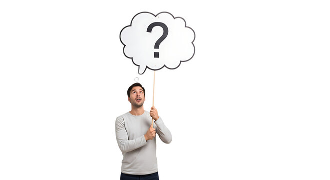 A man gazes upwards with a look of surprise while holding aloft a speech bubble with a question mark inside it. - Powered by Adobe