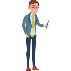 Pixelated elderly Asian man wearing a blue suit and yellow tie holding a tablet with glasses and freckles against a white background