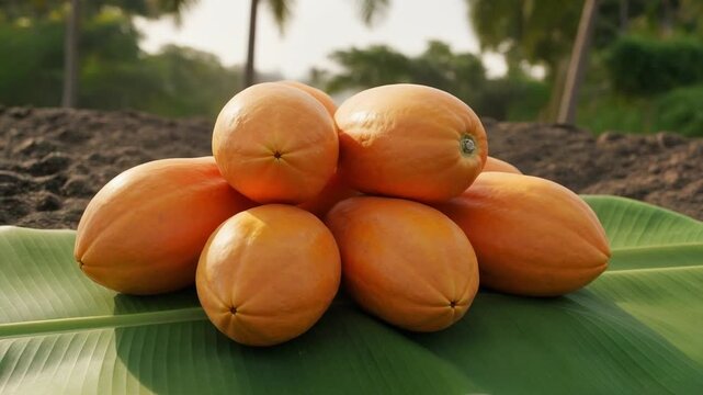 Ripe Papayas on Banana Leaves with Palm Trees in Background
