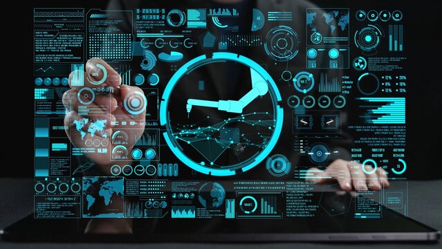Engaging digital interface featuring data analytics and a robotic arm interaction, showcasing cutting-edge technology in modern industry applications. Cipher