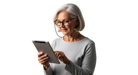 Fototapeta premium Silver haired woman with glasses, gently smiles as she interacts with a tablet against a solid black background.