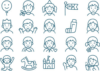 Illustration of children icons isolated on white background, featuring balloon, boy, girl, flag, toy horse, and castle, symbolizing childhood, play, and innocence